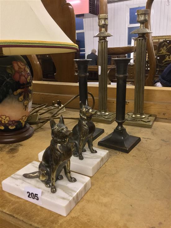 2 pairs brass candlesticks & pair of bookends